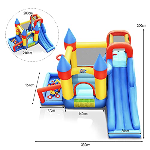 COSTWAY Casa Inflable 6 en 1, Castillo Inflable con Red de Seguridad, Castillo para Saltar con Tobogán Aro de Baloncesto para Jugar con Pelotas, Compresor 680 W para 3-10 Años