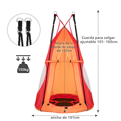 COSTWAY Columpio Nido con Tienda de Ø 100cm Columpio para Niño Altura Ajustable Carga hasta 150 kg para Jardín Interior Exterior (Naranja)