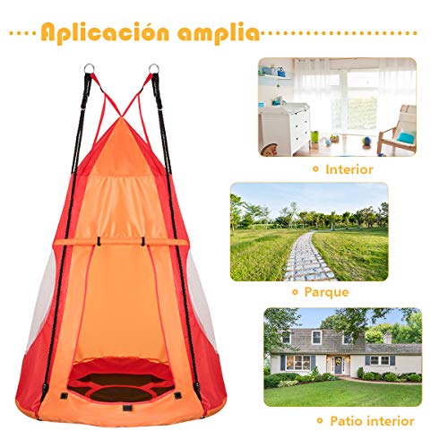 COSTWAY Columpio Nido con Tienda de Ø 100cm Columpio para Niño Altura Ajustable Carga hasta 150 kg para Jardín Interior Exterior (Naranja)