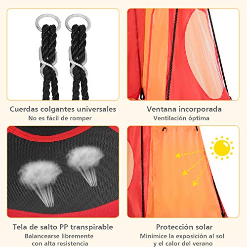 COSTWAY Columpio Nido con Tienda de Ø 100cm Columpio para Niño Altura Ajustable Carga hasta 150 kg para Jardín Interior Exterior (Naranja)