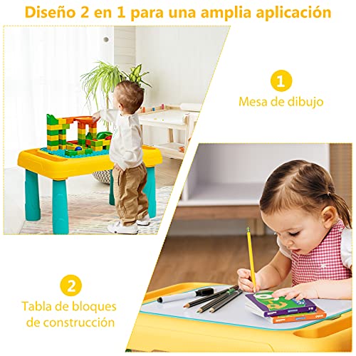 COSTWAY Mesa de Juegos para Niños con Tablero de Doble Cara Mesa de Bloques de Construcción Escritorio de Dibujo Mesa de Educativos para Niños Mayores de 3 Años