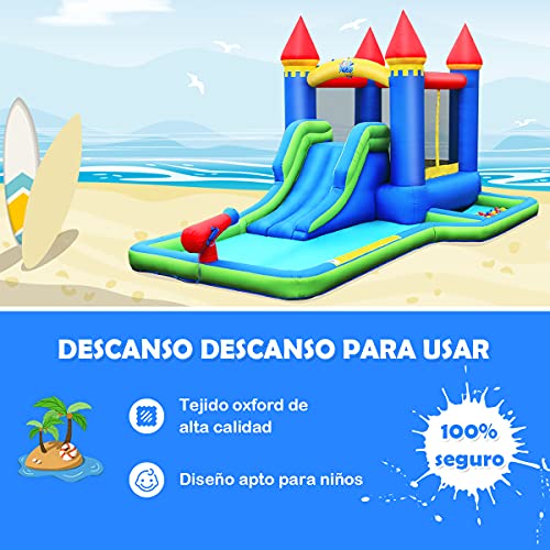 COSTWAY Parque Acuático Inflable con Casa, Hidrante de Agua, Piscina, Tobogán Largo, Grande Área para Saltar, Pared para Escalar, Tejido Oxford, Compresor Incluido