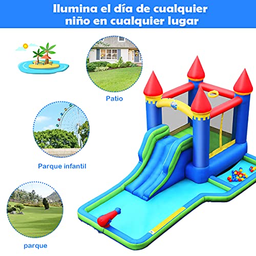 COSTWAY Parque Acuático Inflable con Casa, Hidrante de Agua, Piscina, Tobogán Largo, Grande Área para Saltar, Pared para Escalar, Tejido Oxford, Compresor Incluido