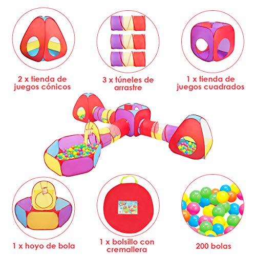 COSTWAY Tienda de Campaña con 7 Piezas Carpa de Juego Túnel Gateo para Bebé Juguete con 200 Bolas Multicolor para Niños de 3-5 Años