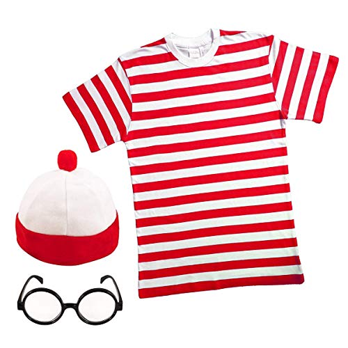 Crazy Chick HOMBRE MUJER ROJO Y Blanco Rayas Camiseta Sombrero & Gafas De Disfraz 44-46" Pecho Talla: XXL