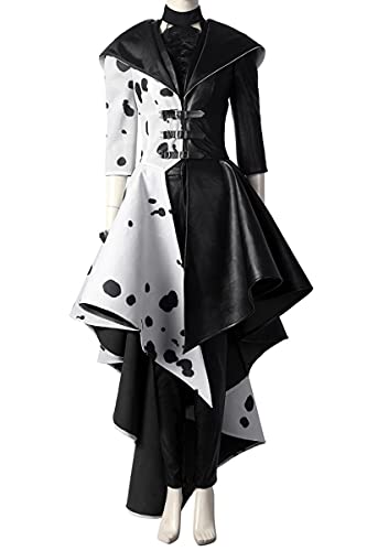 Cruella De Vil disfraz de Cosplay para mujeres adultas Cruella negro blanco lunares vestido chaqueta Cruella Cosplay disfraz abrigo vestido traje