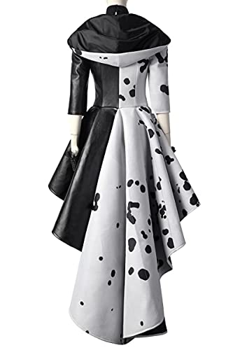 Cruella De Vil disfraz de Cosplay para mujeres adultas Cruella negro blanco lunares vestido chaqueta Cruella Cosplay disfraz abrigo vestido traje