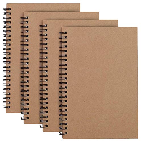 Cuaderno Espiral A4 Forrado, Marrón Cubierta de Kraft Líneas Blocs de Notas y Diarios 100 Páginas, 50 Hojas Libreta Perfecto para Viajar, Pack de 4