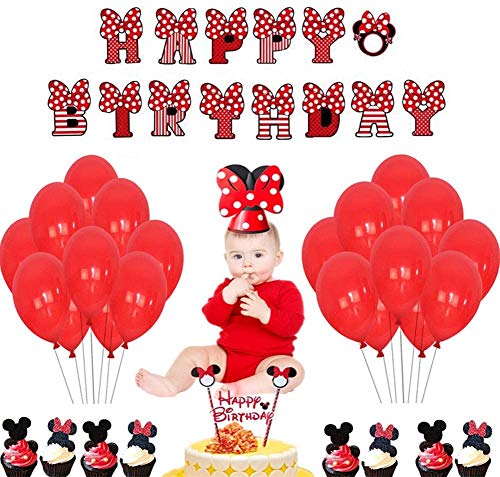 CYSJ 31 Pcs Mickey Mouse Decoraciones de Fiesta Artículos para la Fiesta de Minnie Mouse Themed Pancarta de Feliz Cumpleaños Globos y Adornos para Tartas Sombrero de cumpleaños