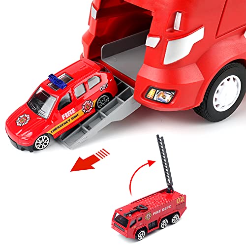 deAO Camión de Emergencias Transportador Maletín Porta Coches de Juguete Incluye Surtido de Vehiculos Die-Cast, Mapa y Figuras de Bomberos