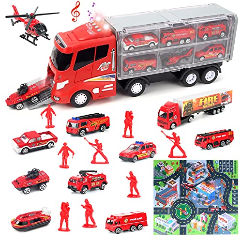 deAO Camión de Emergencias Transportador Maletín Porta Coches de Juguete Incluye Surtido de Vehiculos Die-Cast, Mapa y Figuras de Bomberos