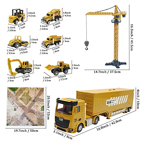 deAO Camiones de Construcción Conjunto a Escala 1:64 Incluye Camión de Carga con Topadora, Tractor, Carretilla Elevadora, Mezcladora, Excavadora, Grúa, Volquete y Accesorios