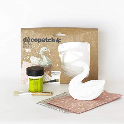 Décopatch KIT027C - Un mini-kit comprenant un animal en papier pulpé blanc, 2 feuilles Décopatch, un pinceau et un pot de vernis colle, Cygne