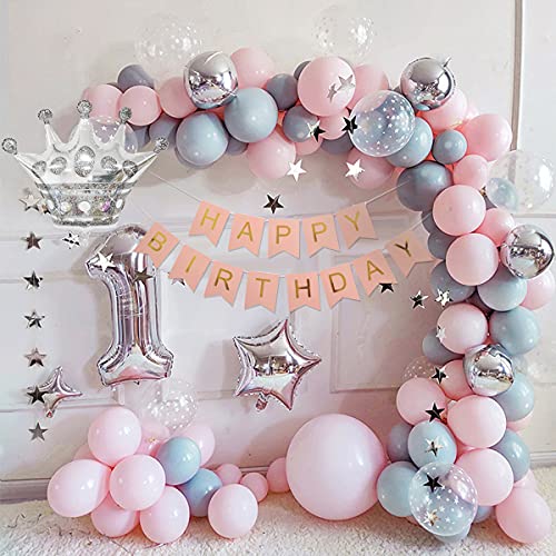 Decoración Cumpleaños Niña, Globos Cumpleaños Niña Pancarta de Feliz Cumpleaños Adorno de Torta Globos Rosa y Gris Decoracion de Fiesta de Cumpleaños para Niña Infantil, Baby Shower Decoracion Niña