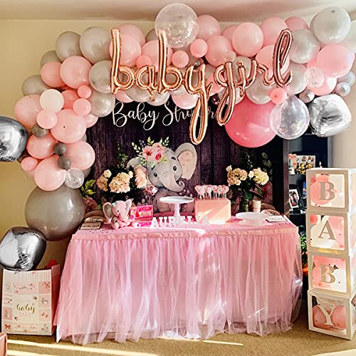 Decoración Cumpleaños Niña, Globos Cumpleaños Niña Pancarta de Feliz Cumpleaños Adorno de Torta Globos Rosa y Gris Decoracion de Fiesta de Cumpleaños para Niña Infantil, Baby Shower Decoracion Niña