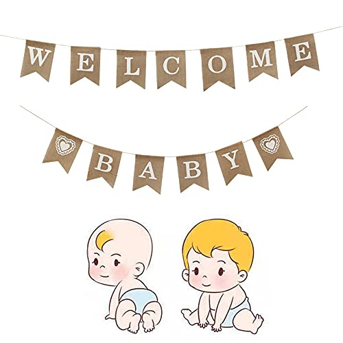 Decoración de Baby Shower Banner, Bienvenido Bebé Banner, Arpillera Banderines, Welcome Baby Banner, Banners de Letras Decoradas para Celebración de Baby Shower