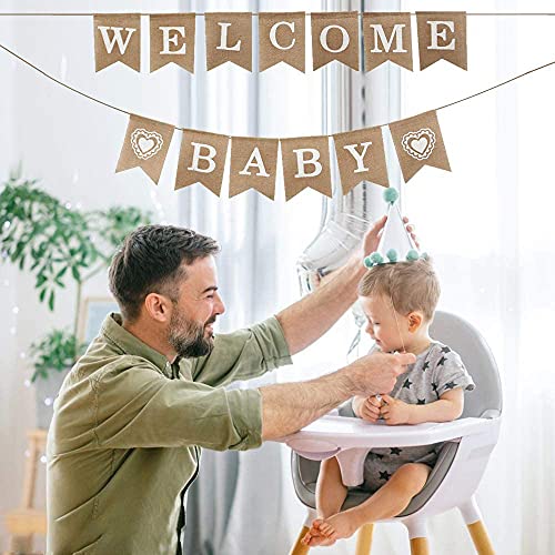 Decoración de Baby Shower Banner, Bienvenido Bebé Banner, Arpillera Banderines, Welcome Baby Banner, Banners de Letras Decoradas para Celebración de Baby Shower