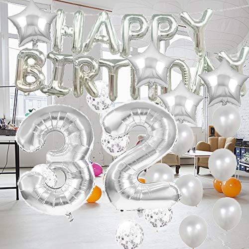 Decoración de cumpleaños 32, globos de cumpleaños 32, globos plateados, globos de Mylar número 32, decoración de globos de látex, gran regalo de cumpleaños para niñas, accesorios de fotos