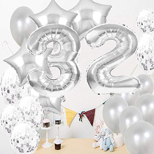 Decoración de cumpleaños 32, globos de cumpleaños 32, globos plateados, globos de Mylar número 32, decoración de globos de látex, gran regalo de cumpleaños para niñas, accesorios de fotos