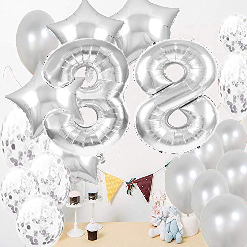 Decoración de cumpleaños 38, globos de cumpleaños 38, globos de plata de Mylar número 38, decoración de globos de látex, gran regalo de cumpleaños para niñas, accesorios de fotos