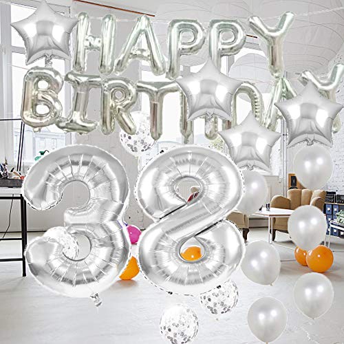 Decoración de cumpleaños 38, globos de cumpleaños 38, globos de plata de Mylar número 38, decoración de globos de látex, gran regalo de cumpleaños para niñas, accesorios de fotos