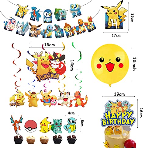 Decoración de Cumpleaños Pikachu Globos de Fiesta Pancarta de Feliz Cumpleaños Adorno para Tarta Remolinos Colgantes para Niños Pikachu Suministros de Fiesta de Cumpleaños Decoracion