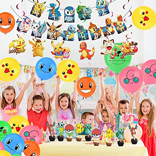 Decoración de Cumpleaños Pikachu Globos de Fiesta Pancarta de Feliz Cumpleaños Adorno para Tarta Remolinos Colgantes para Niños Pikachu Suministros de Fiesta de Cumpleaños Decoracion