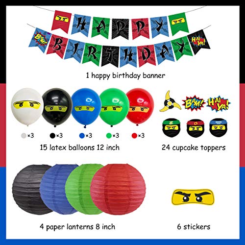 Decoración de fiesta de cumpleaños de Ninja Banner de feliz cumpleaños de Ninja 24 adornos para cupcakes Ninja pegatinas para niños Ninja Warrior cumpleaños temático