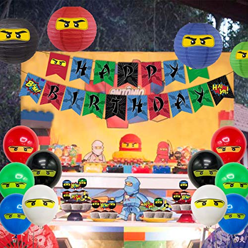 Decoración de fiesta de cumpleaños de Ninja Banner de feliz cumpleaños de Ninja 24 adornos para cupcakes Ninja pegatinas para niños Ninja Warrior cumpleaños temático