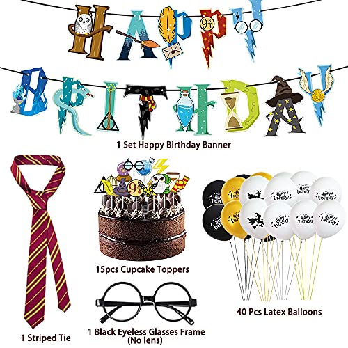 Decoración de fiesta de cumpleaños Harry Potter Suministros de fiesta de niños Magical Wizard Temed Party Decoraciones Globos Cupcake Toppers Feliz Cumpleaños Banner Rayas Tie Gafas Marco Suministros