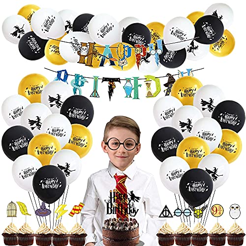 Decoración de fiesta de cumpleaños Harry Potter Suministros de fiesta de niños Magical Wizard Temed Party Decoraciones Globos Cupcake Toppers Feliz Cumpleaños Banner Rayas Tie Gafas Marco Suministros