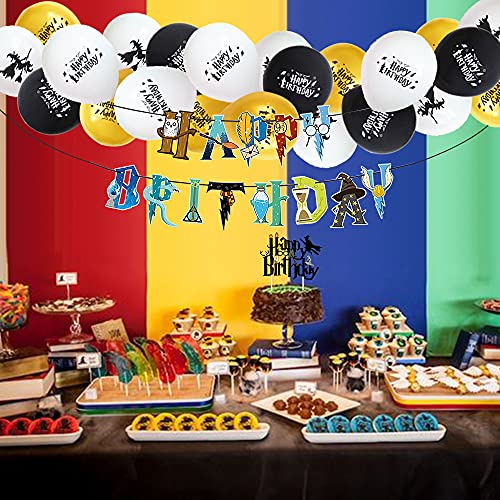 Decoración de fiesta de cumpleaños Harry Potter Suministros de fiesta de niños Magical Wizard Temed Party Decoraciones Globos Cupcake Toppers Feliz Cumpleaños Banner Rayas Tie Gafas Marco Suministros