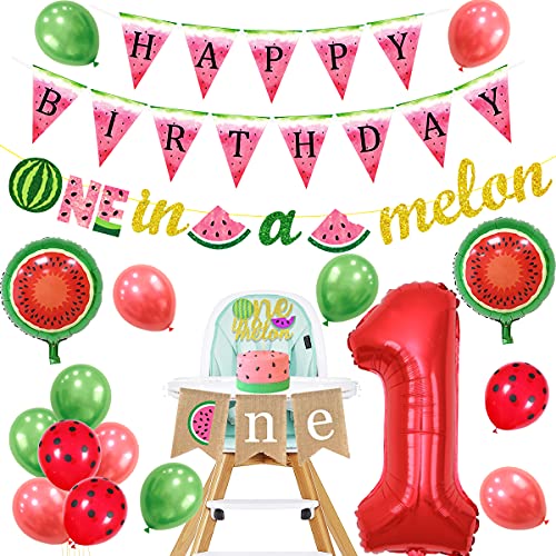 Decoración de primer cumpleaños de sandía, guirnalda de melón, decoración de tarta para silla alta, globos para niños o niñas, tema de frutas de verano para 1er cumpleaños