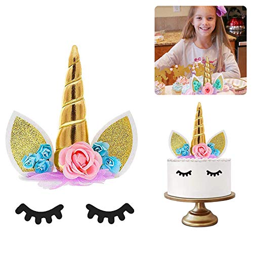 Decoración de unicornio para tartas de cumpleañosJuego decorativo que incluye cuerno, orejas y pestañas de unicornio.Decoración de unicornio para fiesta del bebé, boda y cumpleaños. (Dorado)