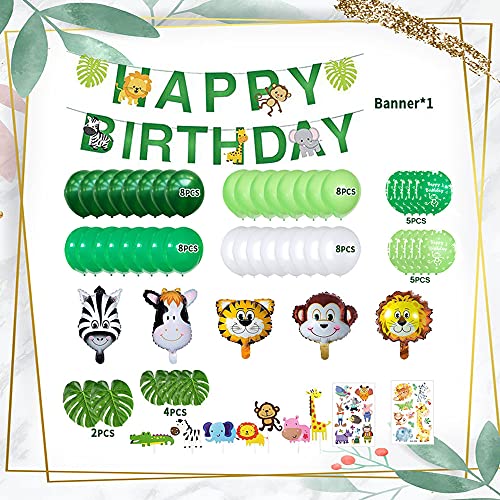 Decoración Fiesta Cumpleaños Animal Niños, Jungle Safari Banner de Feliz Cumpleaños con Hojas de Palma Globos de Látex, Animal Globos Para Niño Cumpleaños Baby Shower Decoración Reutilizable