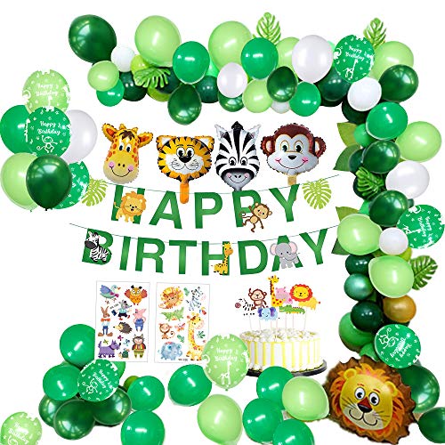 Decoración Fiesta Cumpleaños Animal Niños, Jungle Safari Banner de Feliz Cumpleaños con Hojas de Palma Globos de Látex, Animal Globos Para Niño Cumpleaños Baby Shower Decoración Reutilizable