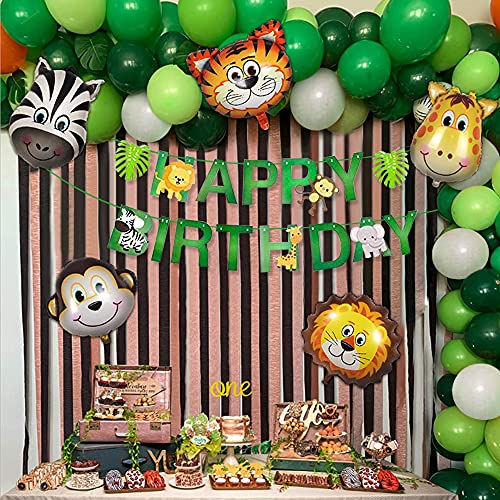 Decoración Fiesta Cumpleaños Animal Niños, Jungle Safari Banner de Feliz Cumpleaños con Hojas de Palma Globos de Látex, Animal Globos Para Niño Cumpleaños Baby Shower Decoración Reutilizable