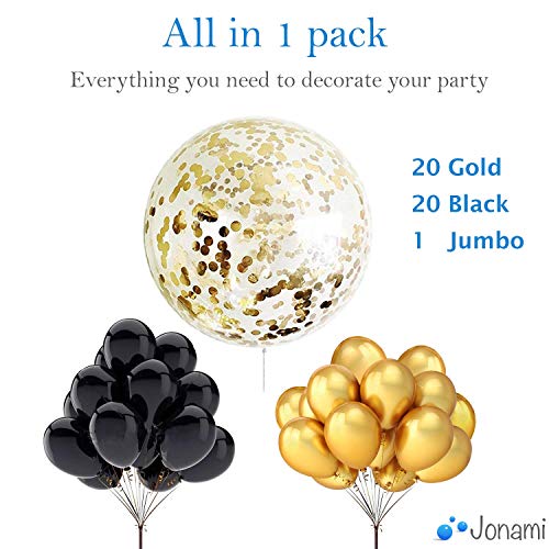 Decoracion Nochevieja 2022 - 40 Globos Oro y Negro + 1 Globo Confeti Gigante XXL Confetti Balloon. Globo Transparente con Confeti Dorado para Fiesta de Cumpleaño, Graduacion y Año Nuevo