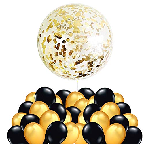 Decoracion Nochevieja 2022 - 40 Globos Oro y Negro + 1 Globo Confeti Gigante XXL Confetti Balloon. Globo Transparente con Confeti Dorado para Fiesta de Cumpleaño, Graduacion y Año Nuevo