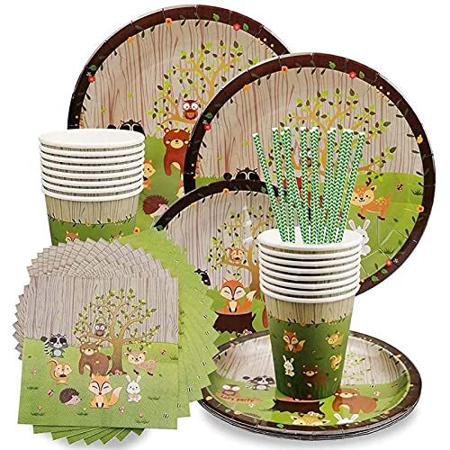 Decoracion Verde Vasos,77 Piezas Vajilla Diseño Animal,Platos de Fiesta Tazas y Servilletas,para Decoración de Mesa de Fiesta Temática de Cumpleaños para niños