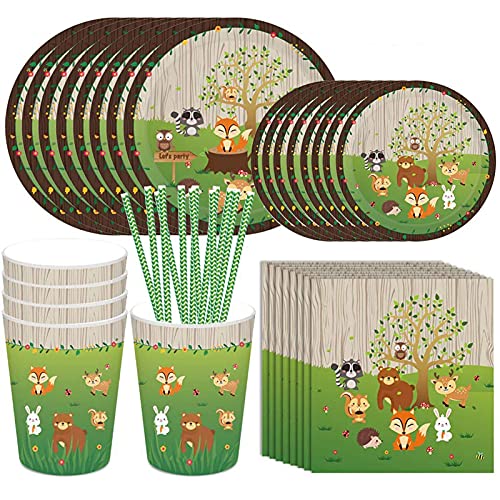 Decoracion Verde Vasos,77 Piezas Vajilla Diseño Animal,Platos de Fiesta Tazas y Servilletas,para Decoración de Mesa de Fiesta Temática de Cumpleaños para niños