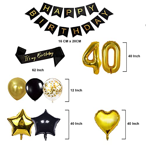 Decoraciones de fiesta de cumpleaños con número 40, globo de aluminio Jumbo número 40, para 40 cumpleaños, decoración para tartas, color negro y dorado