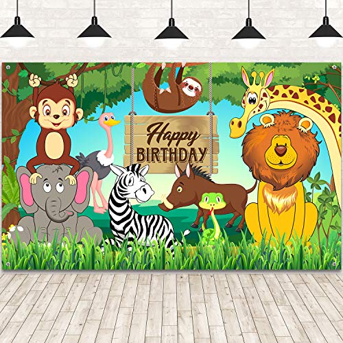 Decoraciones de Fiesta de Cumpleaños Temáticas de Animales de Selva, Telón de Fondo Impreso Happy Birthday Telón de Fondo de Tela Extra Grande con Elements de Safari Animal Fondo de Banner de Bosque