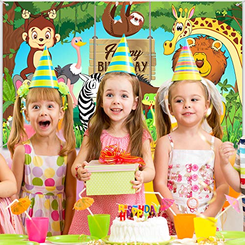 Decoraciones de Fiesta de Cumpleaños Temáticas de Animales de Selva, Telón de Fondo Impreso Happy Birthday Telón de Fondo de Tela Extra Grande con Elements de Safari Animal Fondo de Banner de Bosque