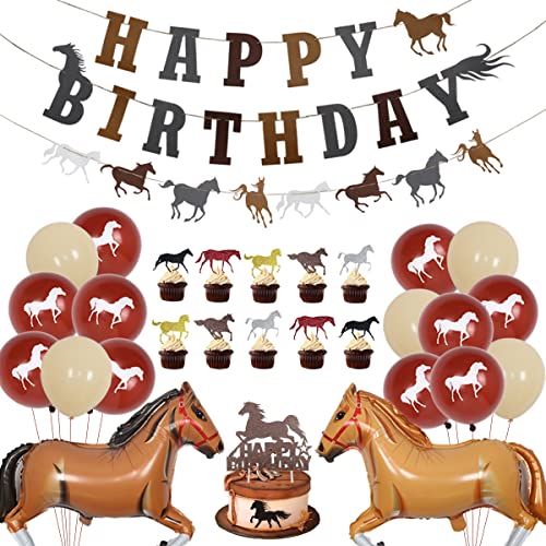 Decoraciones para fiestas de caballos para niños y niñas, decoración de fiesta occidental marrón con adornos para tartas de caballos, pancarta de feliz cumpleaños, globos de papel de guirnalda