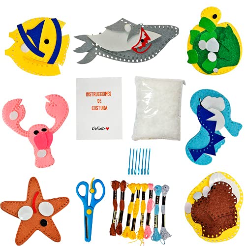 DeFieltro Animales Marinos – Kit Costura para Aprender a Coser Niños – Set de Manualidades para Niñas y Adultos – Juego de Maletin Infantil