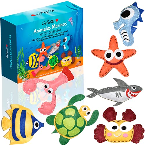 DeFieltro Animales Marinos – Kit Costura para Aprender a Coser Niños – Set de Manualidades para Niñas y Adultos – Juego de Maletin Infantil