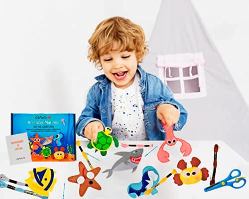 DeFieltro Animales Marinos – Kit Costura para Aprender a Coser Niños – Set de Manualidades para Niñas y Adultos – Juego de Maletin Infantil