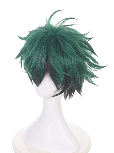 Deku Peluca Cosplay Izuku Midoriya Peluca de My Hero Academia, Anime Peluca Corta de Color Negro y Verde para Disfraz de Halloween Carnaval