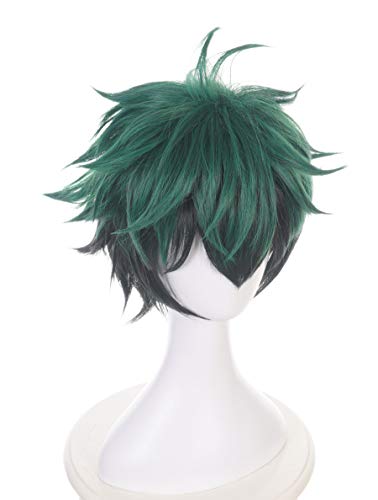 Deku Peluca Cosplay Izuku Midoriya Peluca de My Hero Academia, Anime Peluca Corta de Color Negro y Verde para Disfraz de Halloween Carnaval